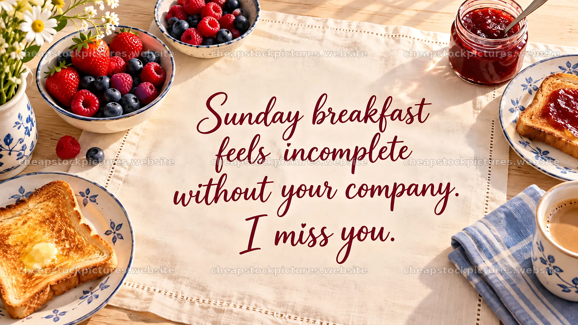 Sunday Breakfast I Miss You Greeting Card – stock pictures 10324x5812