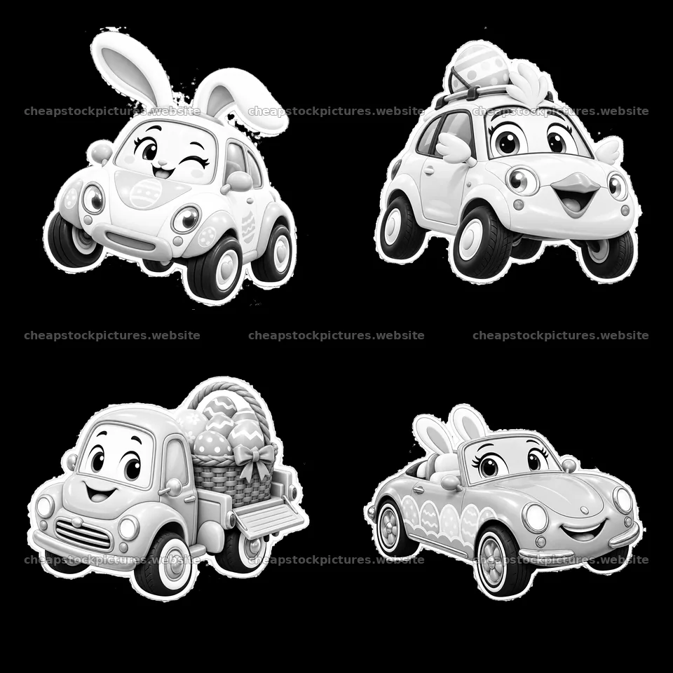 Easter cars with bunny characters in a playful 2x2 layout – stock pictures 7746x7746