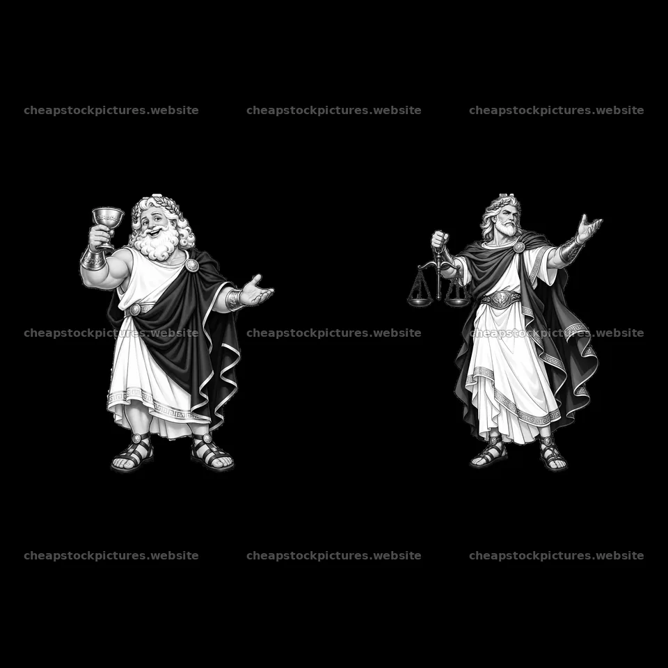 Zeus holding a cup and scales in black and white cartoon style – stock pictures 7746x7746