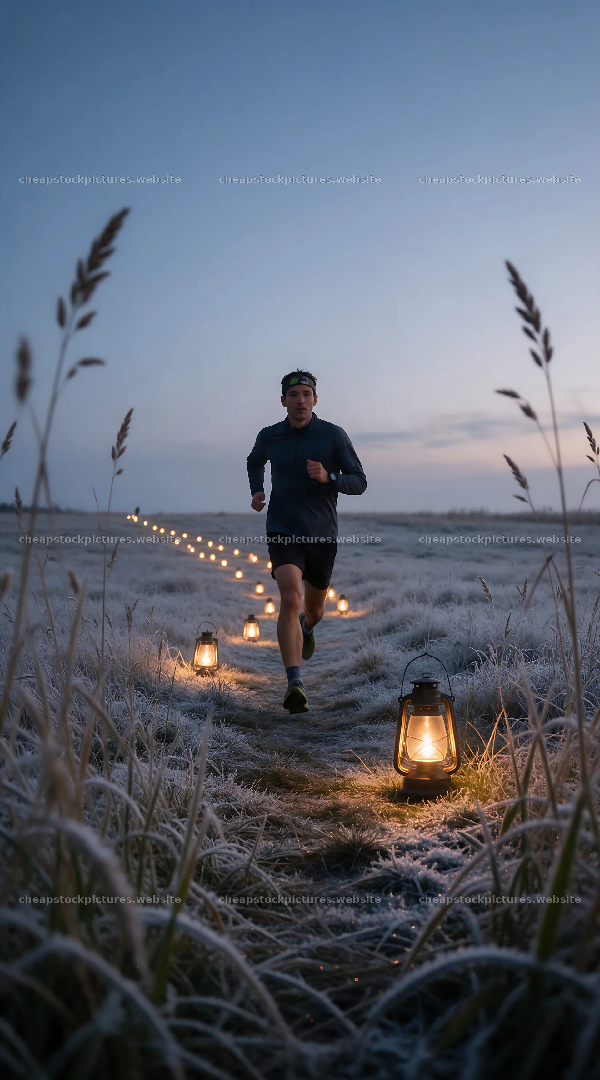 Running on a path with lanterns in an evening meadow – stock pictures 5916x10648