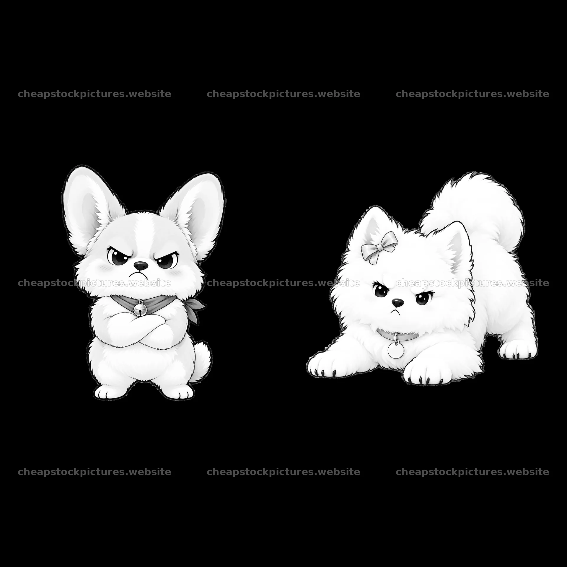 Kawaii grumpy dogs with expressions in monochrome illustration – stock pictures 7746x7746