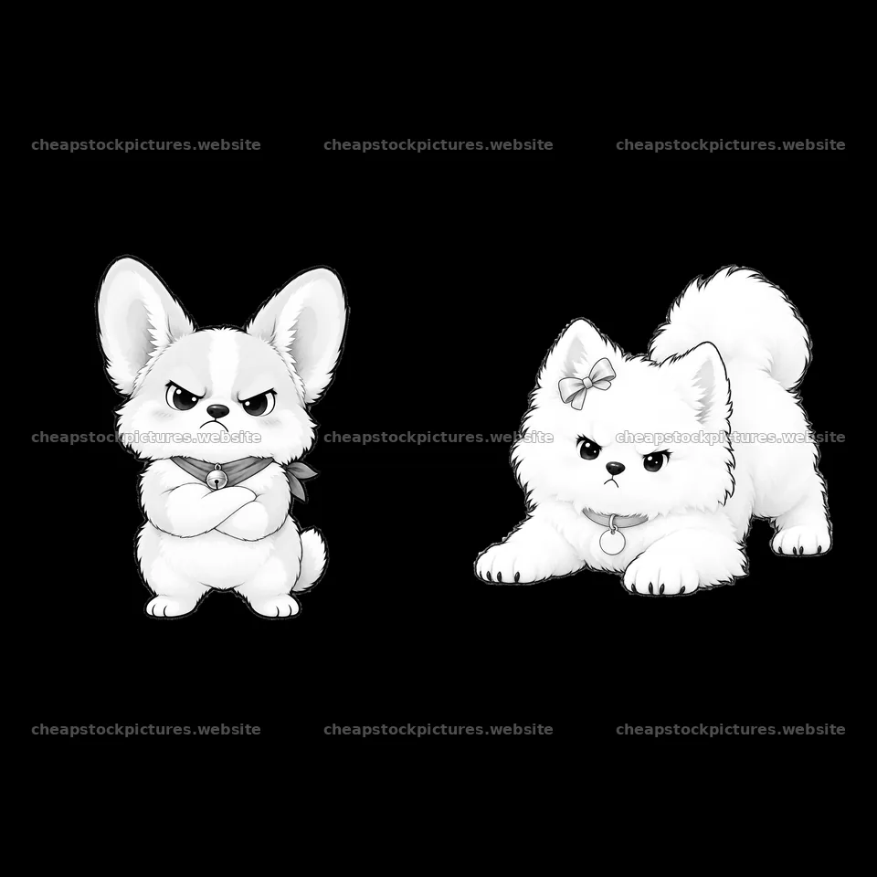 Kawaii grumpy dogs with expressions in monochrome illustration – stock pictures 7746x7746