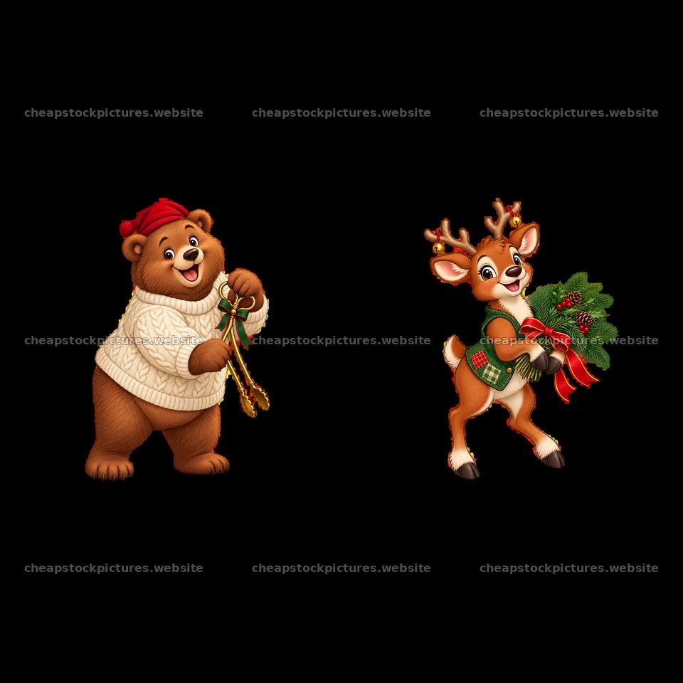 Bear and deer in Christmas attire with gifts and decorations – stock pictures 7746x7746
