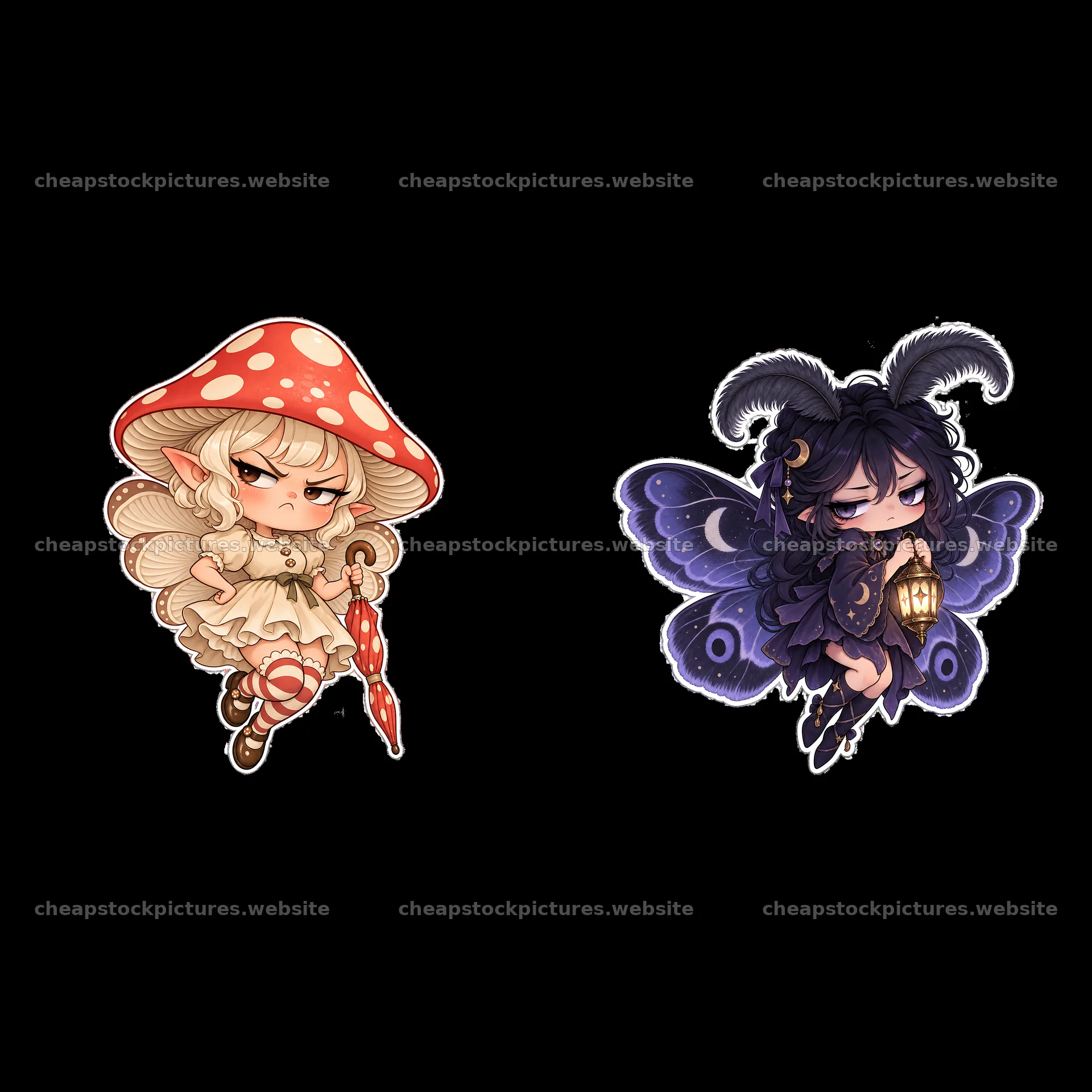 Kawaii grumpy fairy characters with mushrooms and butterflies – stock pictures 7746x7746