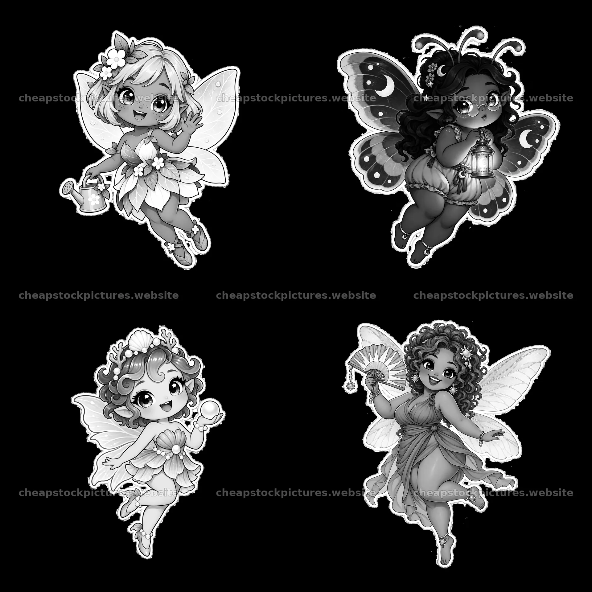 Chubby kawaii fairies with accessories in a monochrome layout – stock pictures 7746x7746