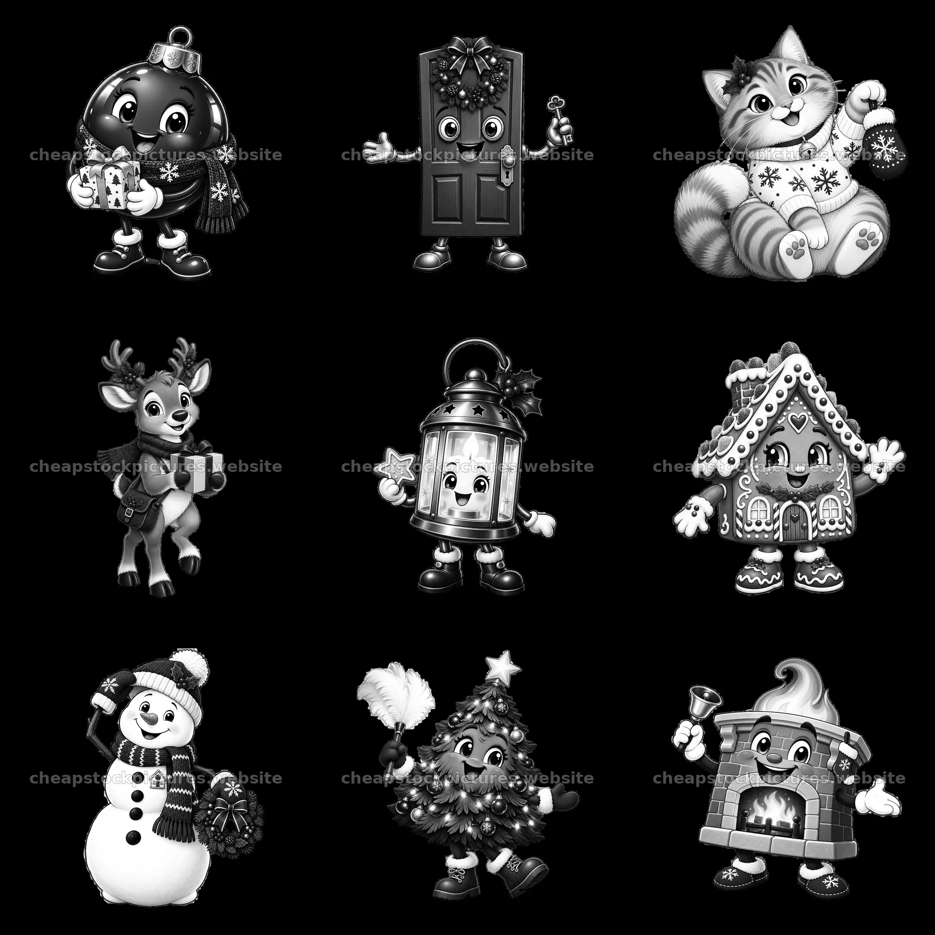 Christmas characters in festive poses around a door and lantern – stock pictures 7746x7746