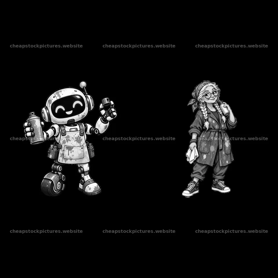 Graffiti sprayer robot and character with spray can sticker pair – stock pictures 7746x7746
