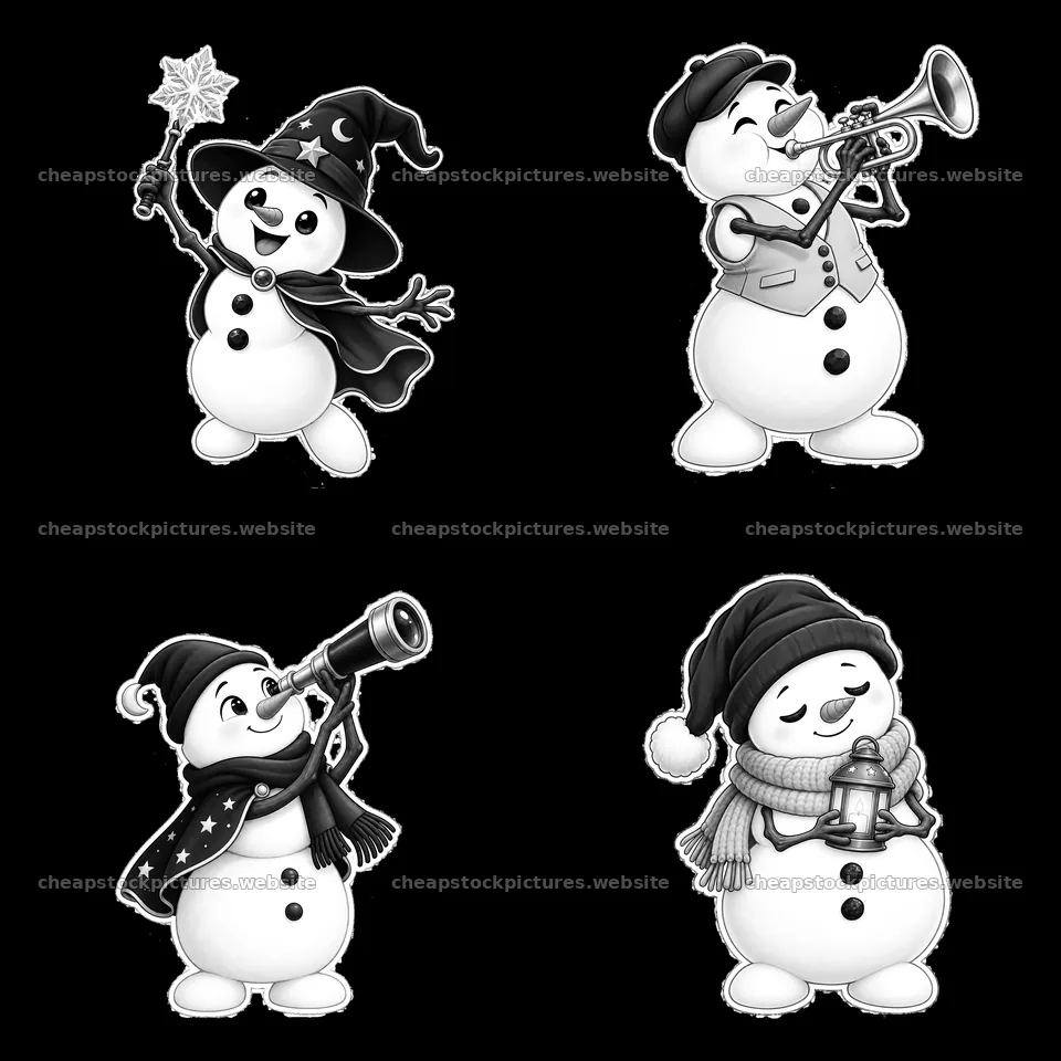 Four playful snowmen engaging in festive activities – stock pictures 7746x7746