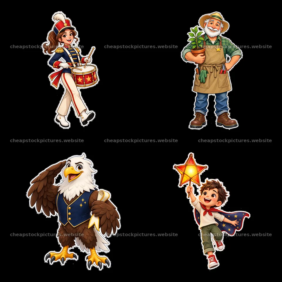Patriotic characters celebrate with music, gardening, and freedom – stock pictures 7746x7746