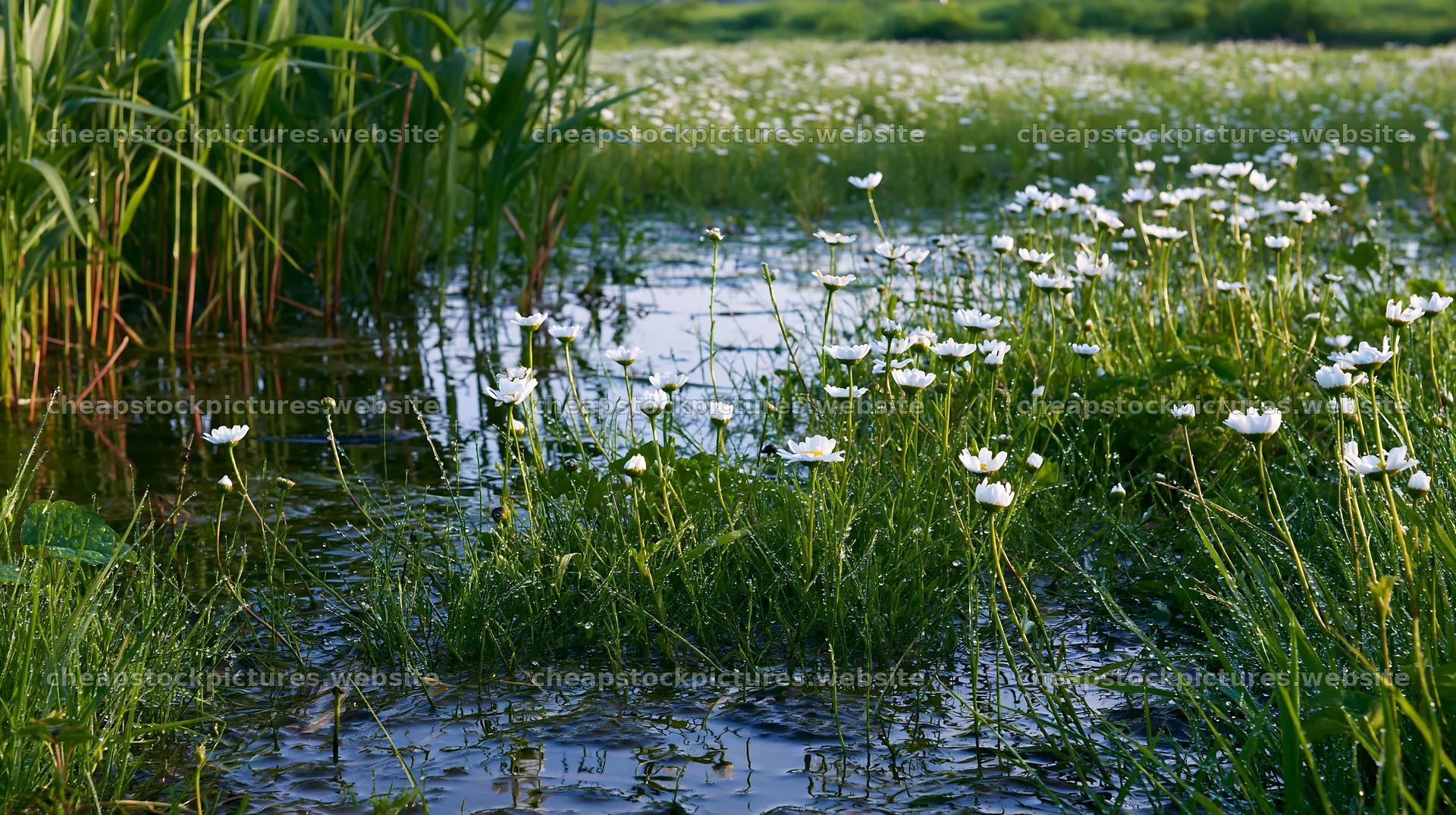 Niigata floodplain restoration with flowers and dew in foreground – stock pictures 10608x5938