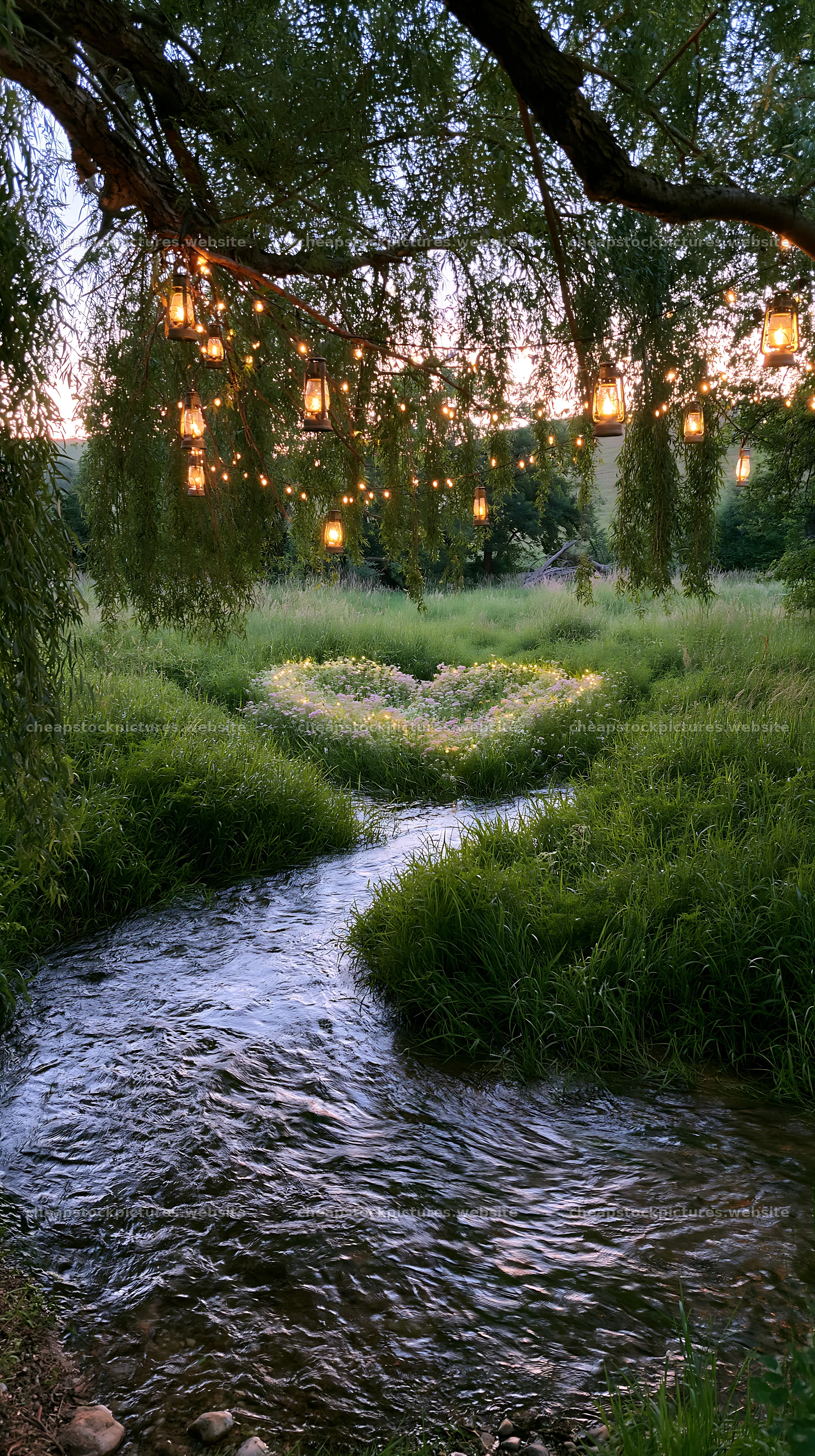 Christmas lights above stream in meadow with greenery – stock pictures 5938x10608