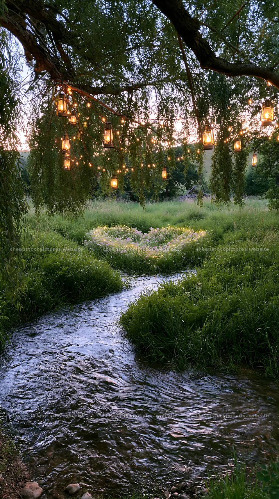 Christmas lights above stream in meadow with greenery – stock pictures 5938x10608