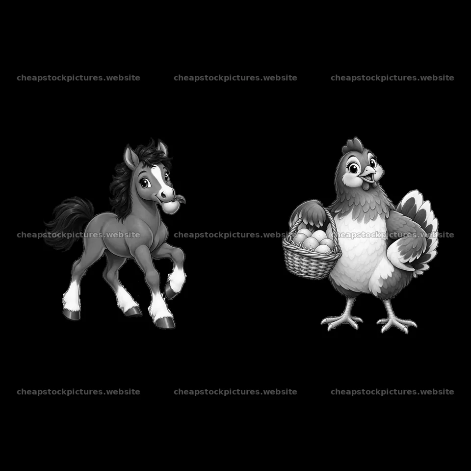 Cartoon horse and chicken character stickers for farm theme – stock pictures 7746x7746