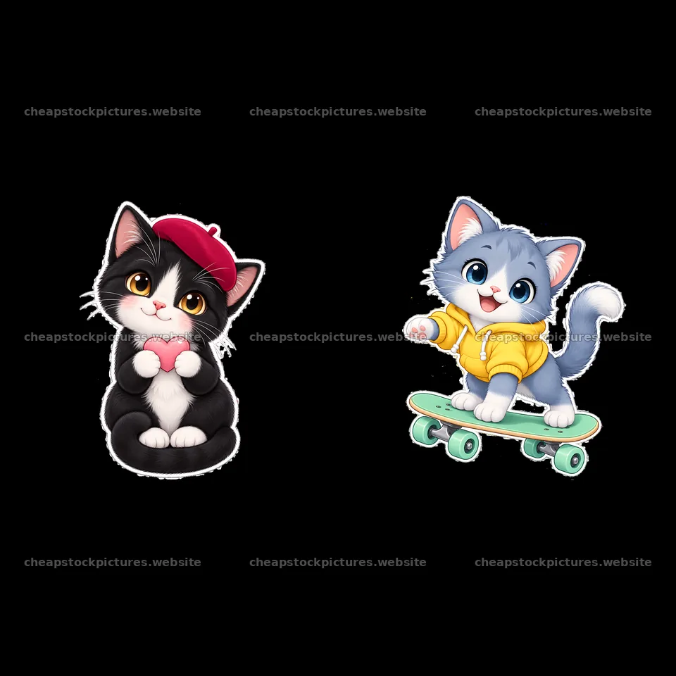 Kawaii cats with a heart and skateboard in playful poses – stock pictures 7746x7746