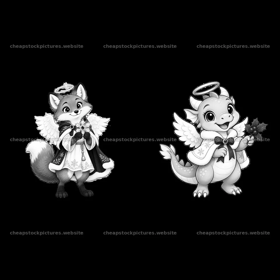 Christmas angel fox and dragon cartoon sticker pair – stock pictures 7746x7746