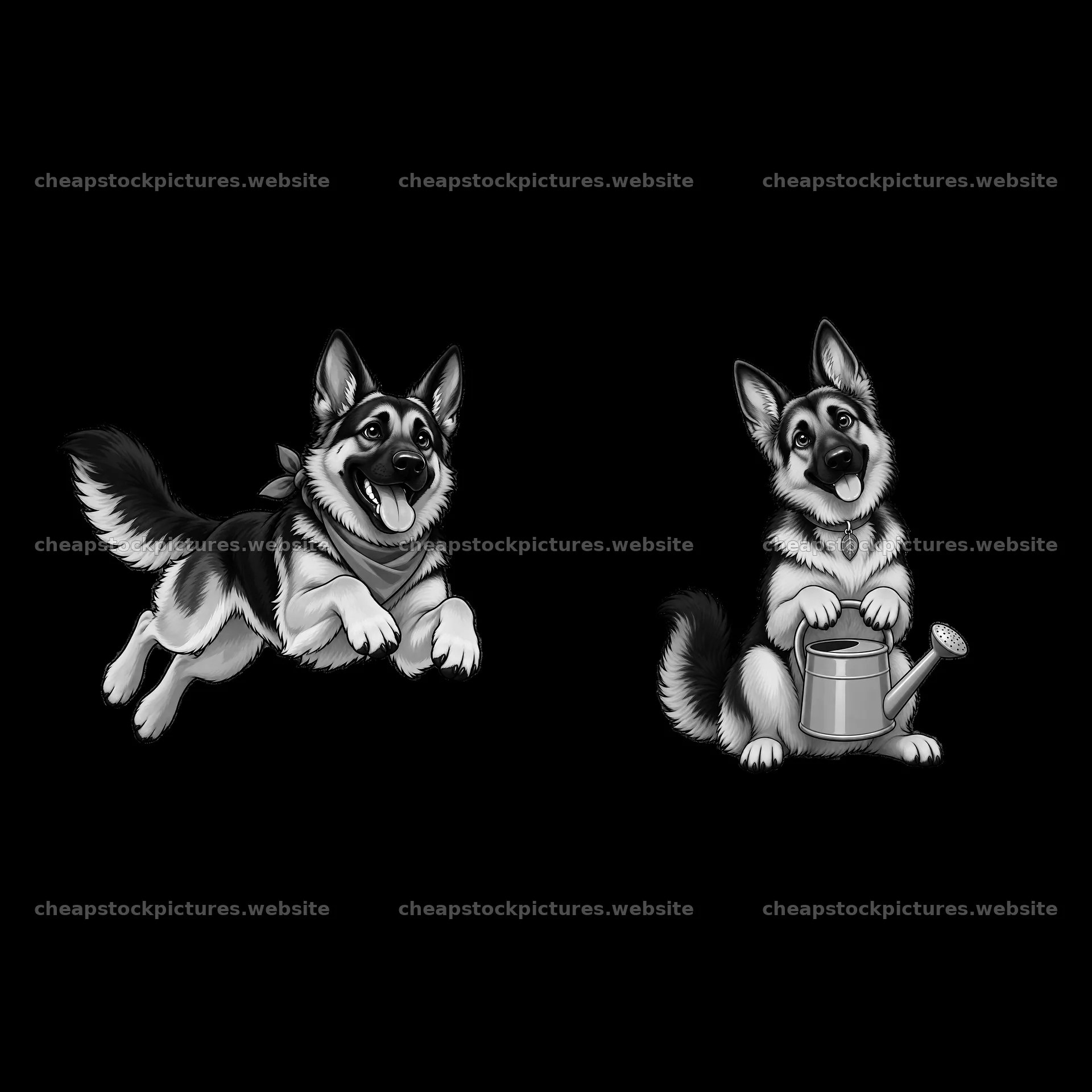 Two German Shepherd dogs with a watering can and a scarf – stock pictures 7746x7746
