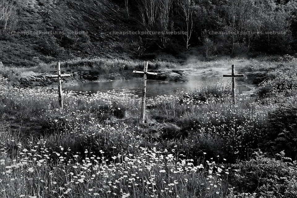 Christian crosses in geothermal spring meadow – stock pictures 9722x6480