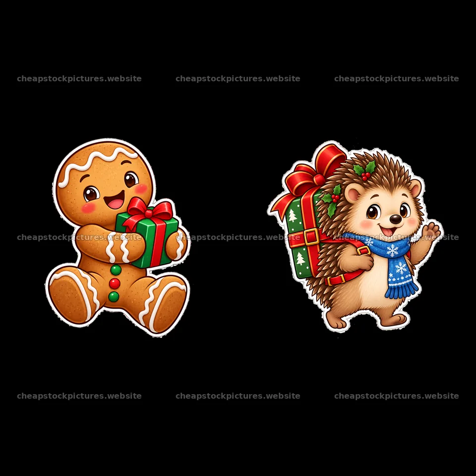 Gingerbread man and hedgehog with Christmas presents – stock pictures 7746x7746