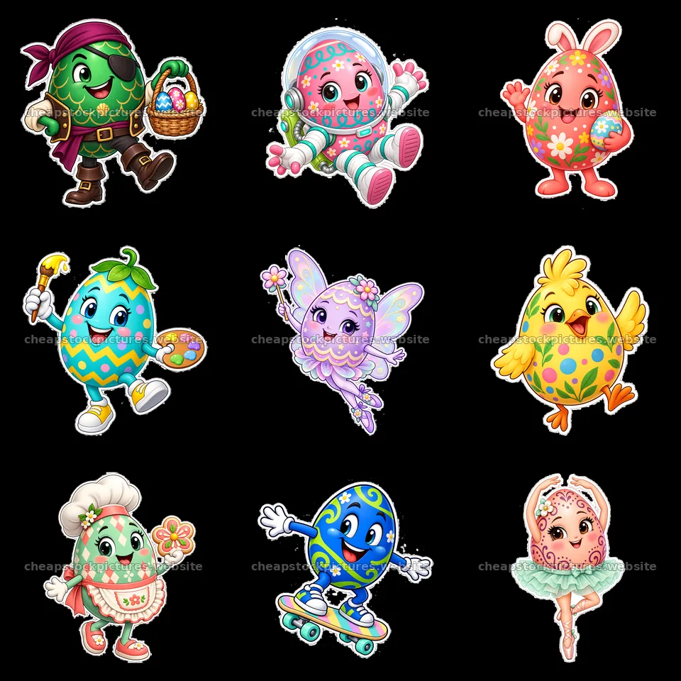 Colorful cartoon Easter egg characters in a 3x3 grid layout – stock pictures 7746x7746