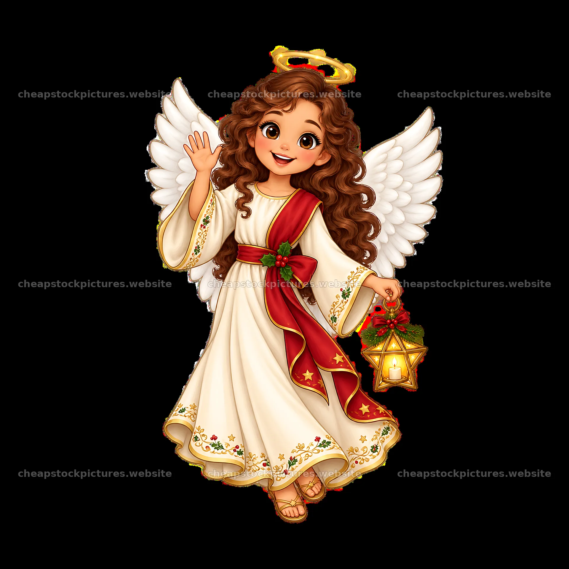 Christmas angel waving with a lantern and festive attire – stock pictures 7746x7746