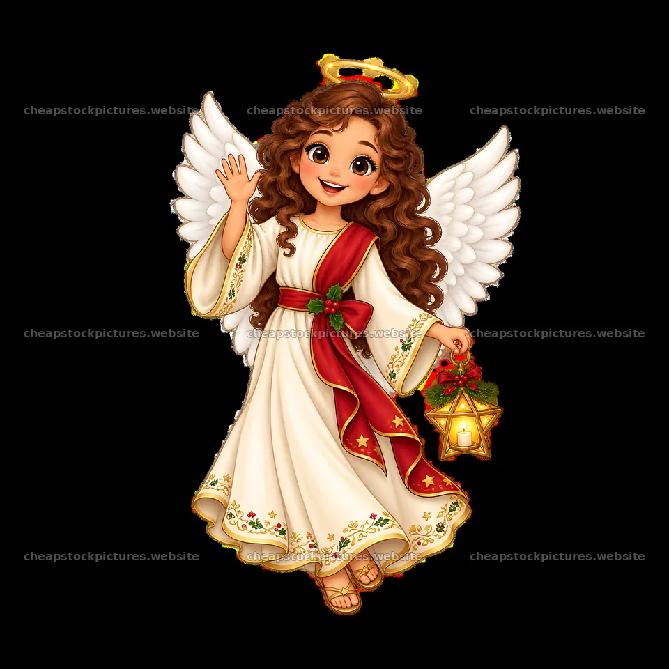 Christmas angel waving with a lantern and festive attire – stock pictures 7746x7746