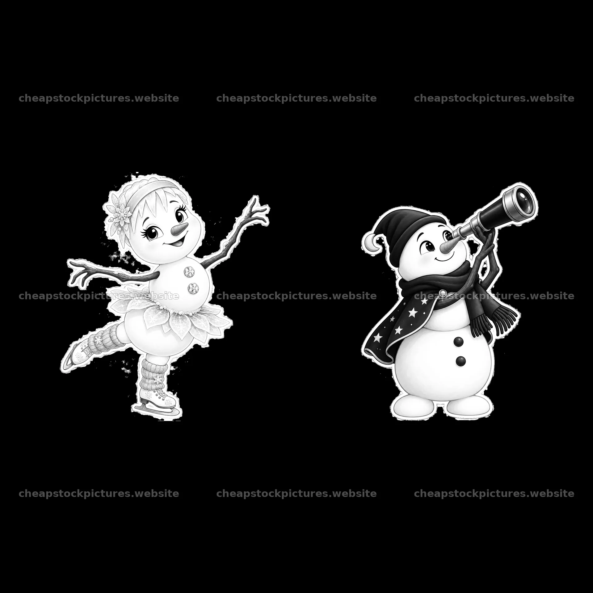 Skating snowman and observing snowman in monochrome design – stock pictures 7746x7746