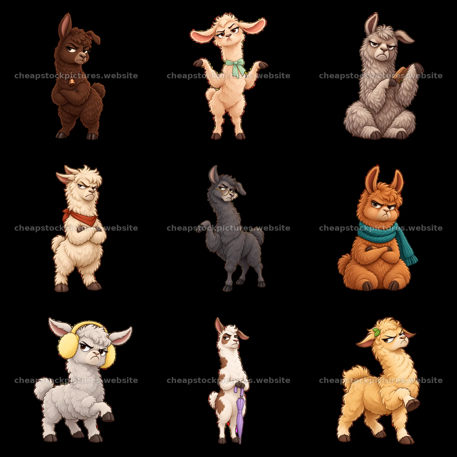 Grumpy llama cartoon stickers in a 3x3 arrangement – stock pictures 7746x7746