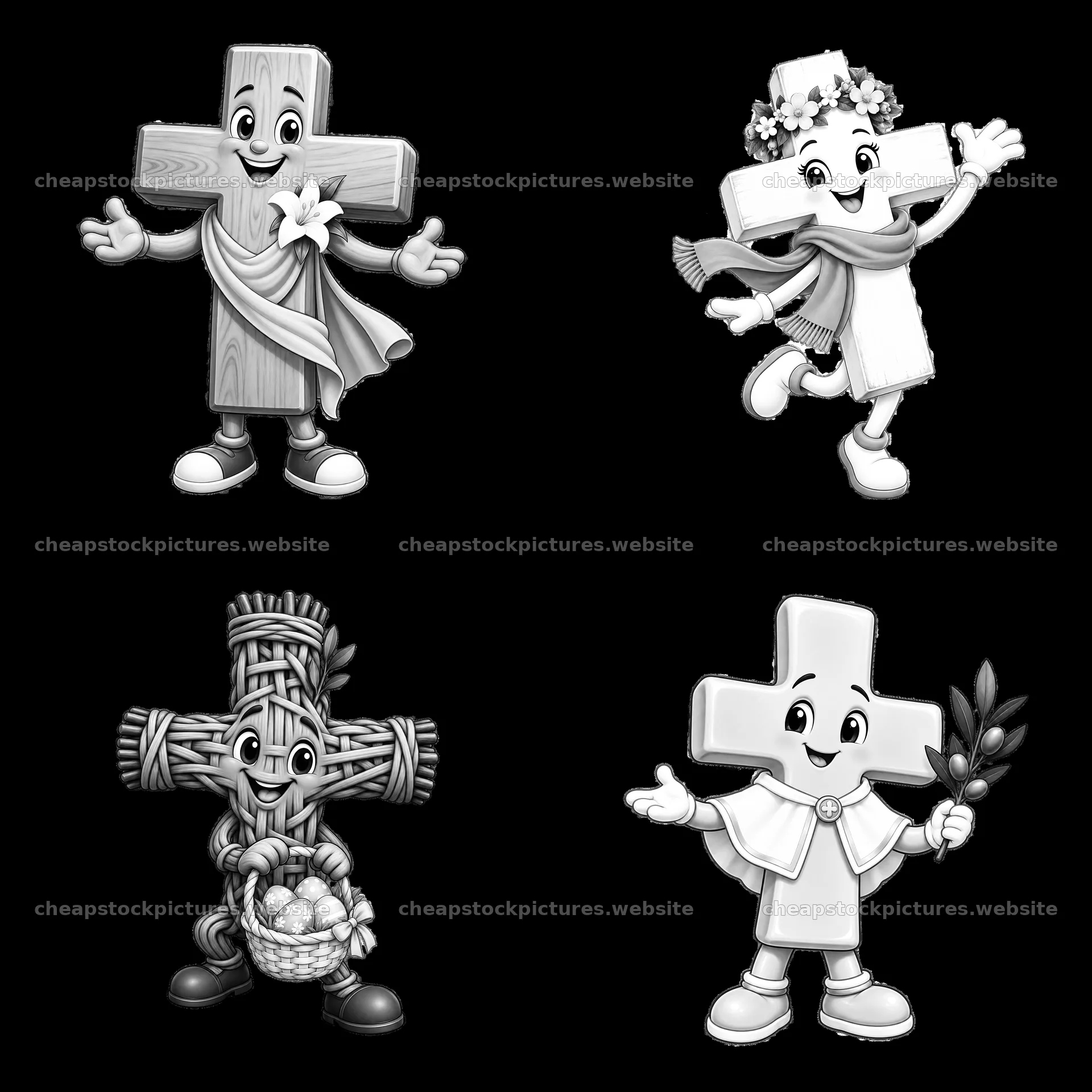 Easter themed cartoon crosses celebrating with flowers and eggs – stock pictures 7746x7746