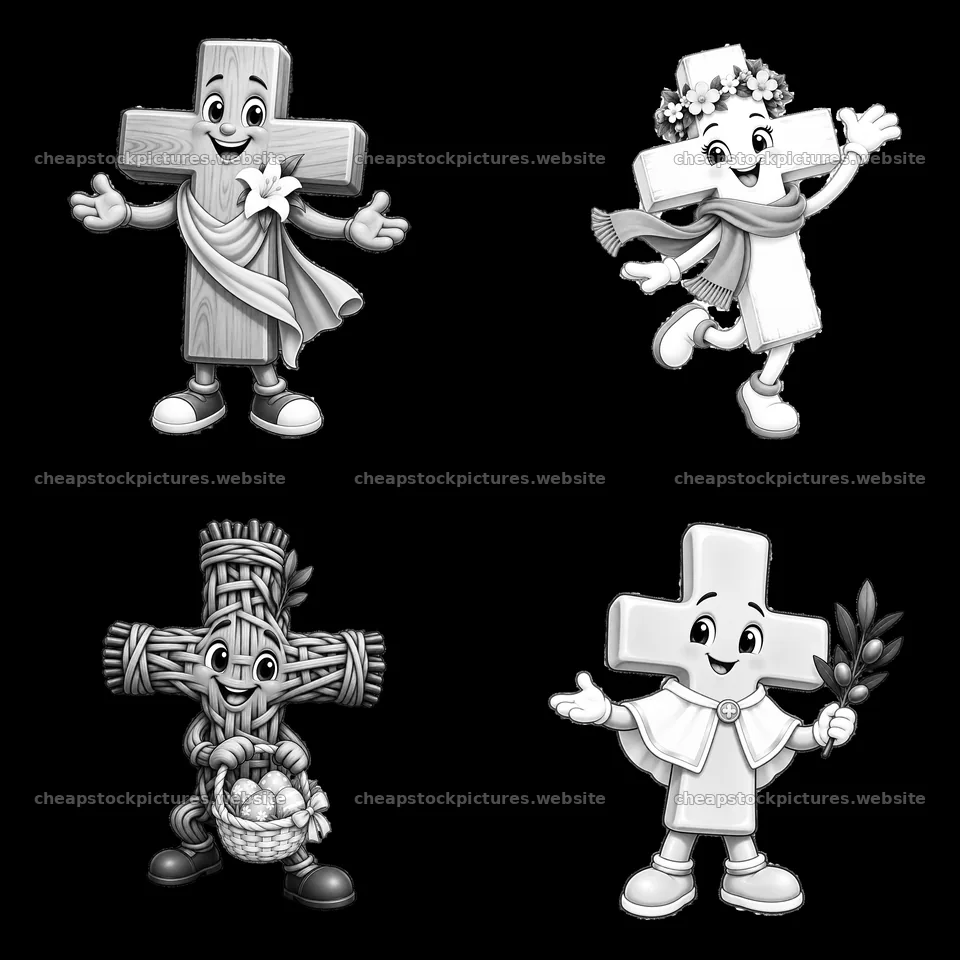 Easter themed cartoon crosses celebrating with flowers and eggs – stock pictures 7746x7746