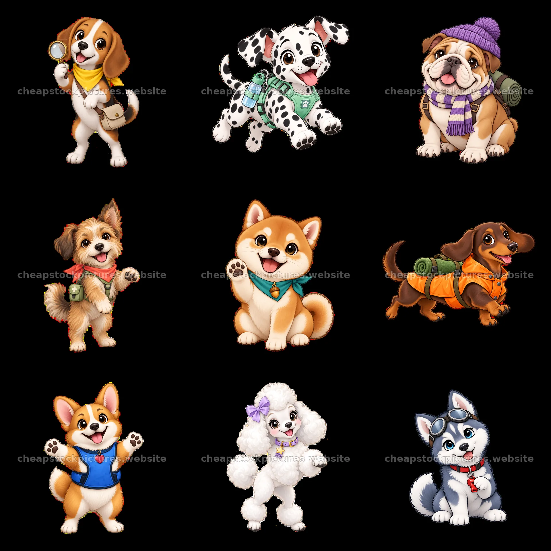 Cute dogs in playful poses with fun accessories in a grid – stock pictures 7746x7746