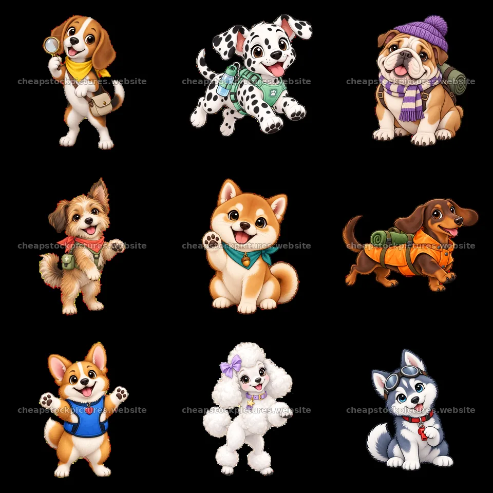 Cute dogs in playful poses with fun accessories in a grid – stock pictures 7746x7746