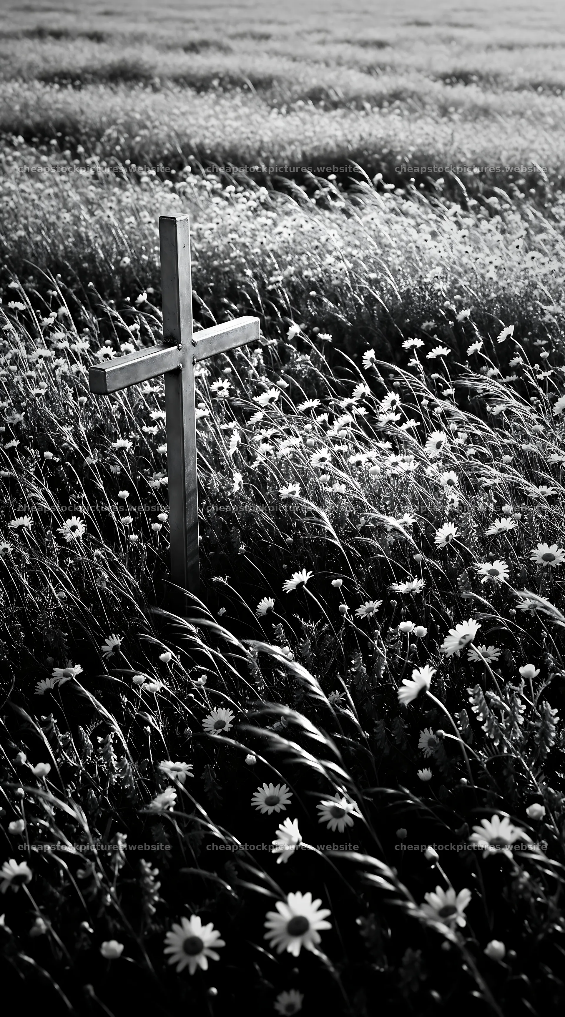 Rustic Christian cross in a spring meadow full of flowers – stock pictures 5916x10648