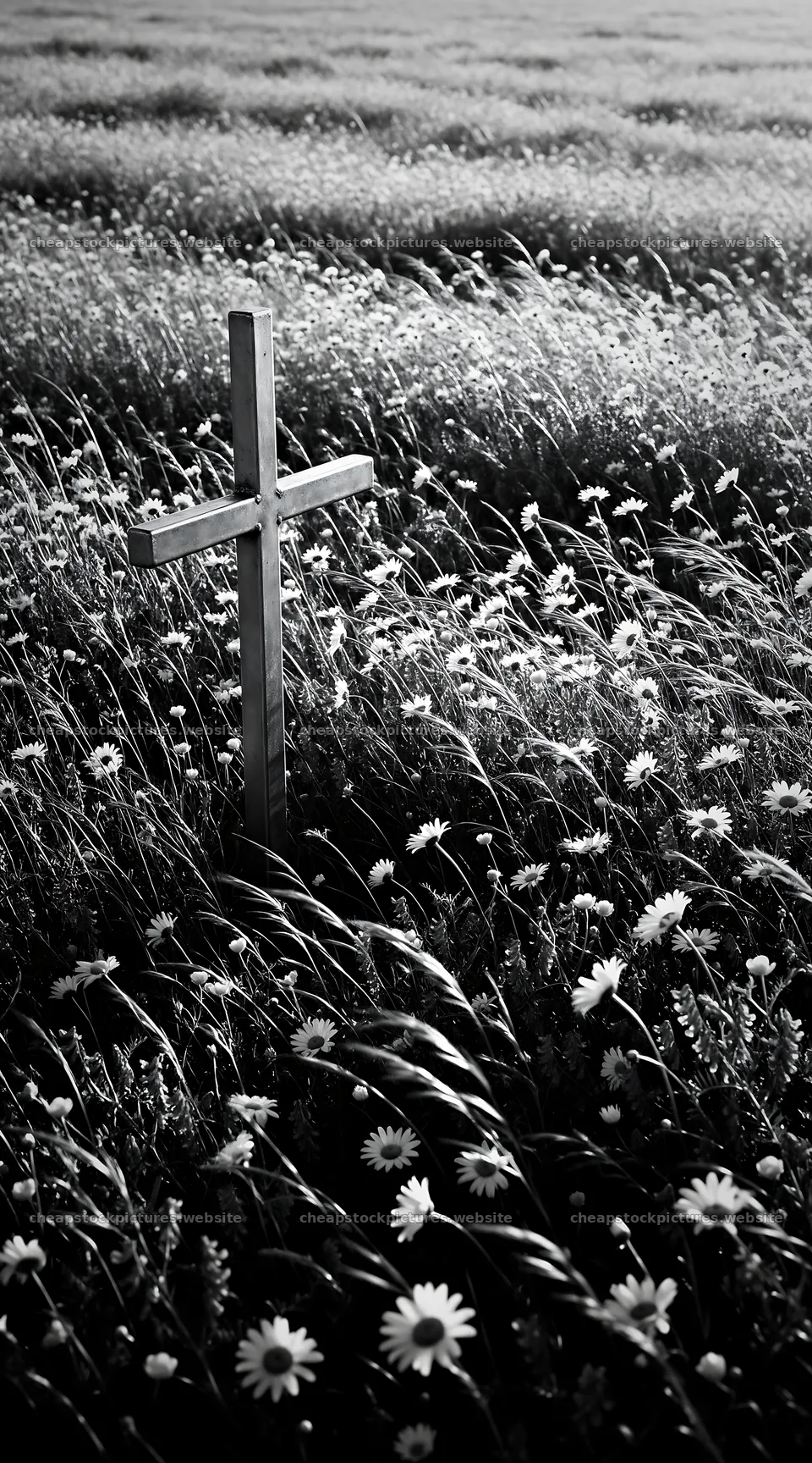 Rustic Christian cross in a spring meadow full of flowers – stock pictures 5916x10648