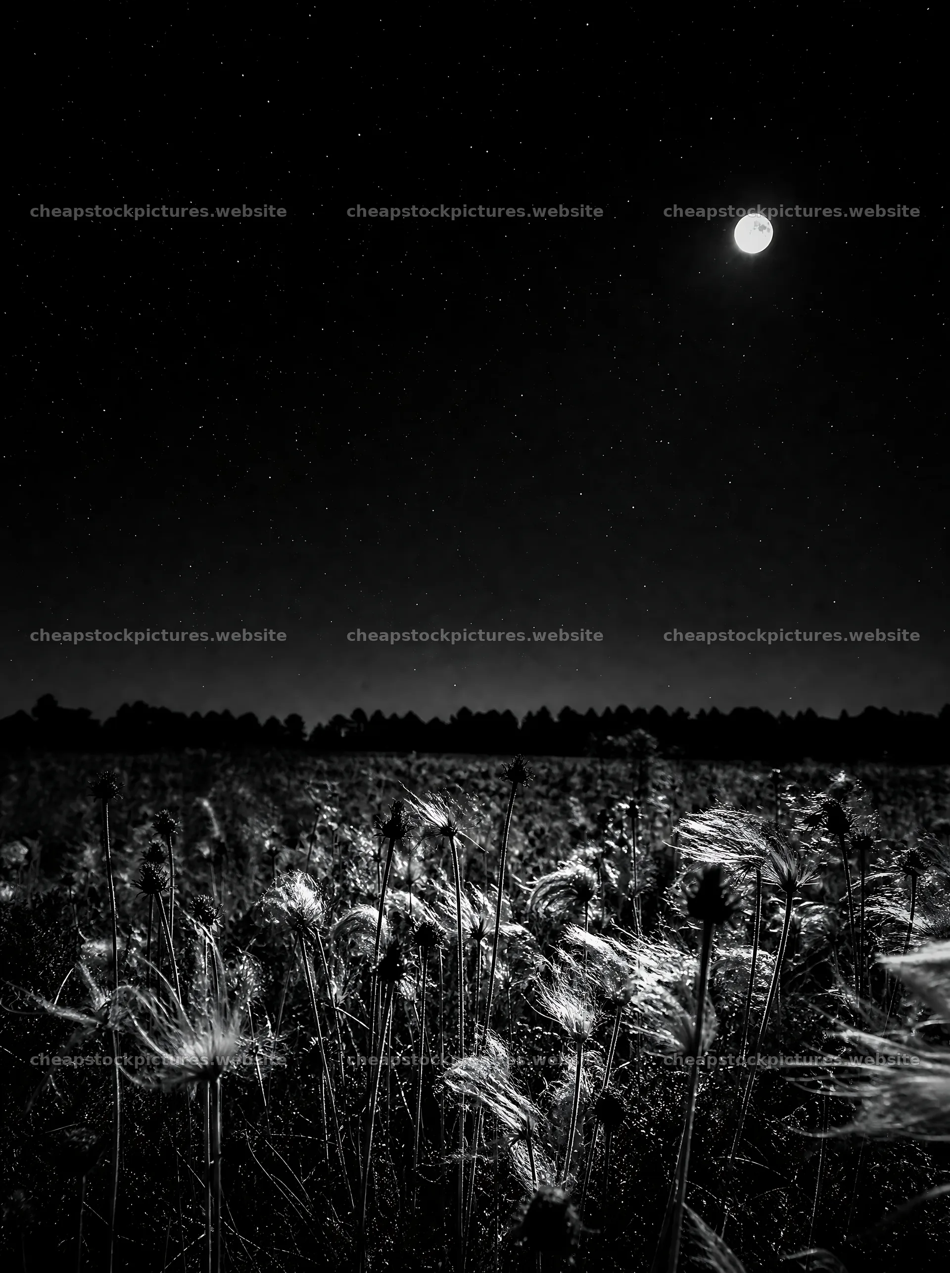 Seedhead meadow under a clear night sky with a full moon – stock pictures 6858x9186