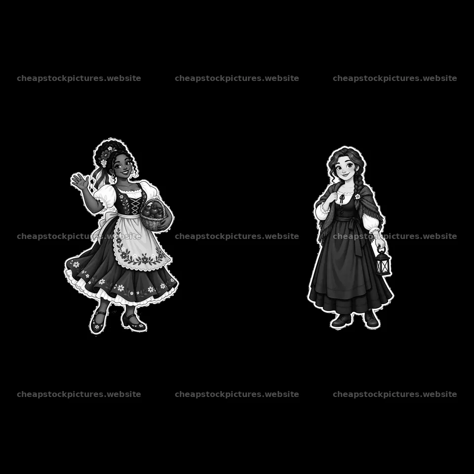 Women in traditional folk dress with accessories in black-and-white – stock pictures 7746x7746