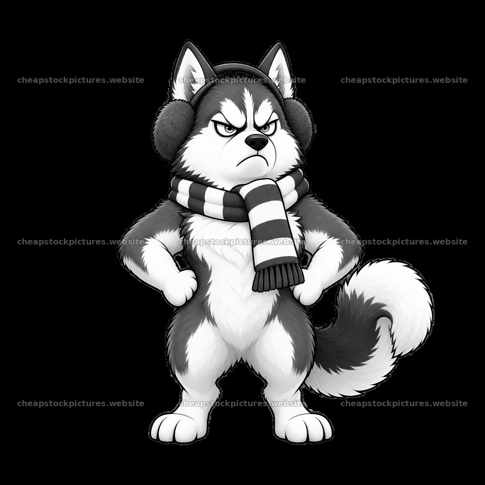 Grumpy dog wearing earmuffs and scarf in monochrome design – stock pictures 7746x7746