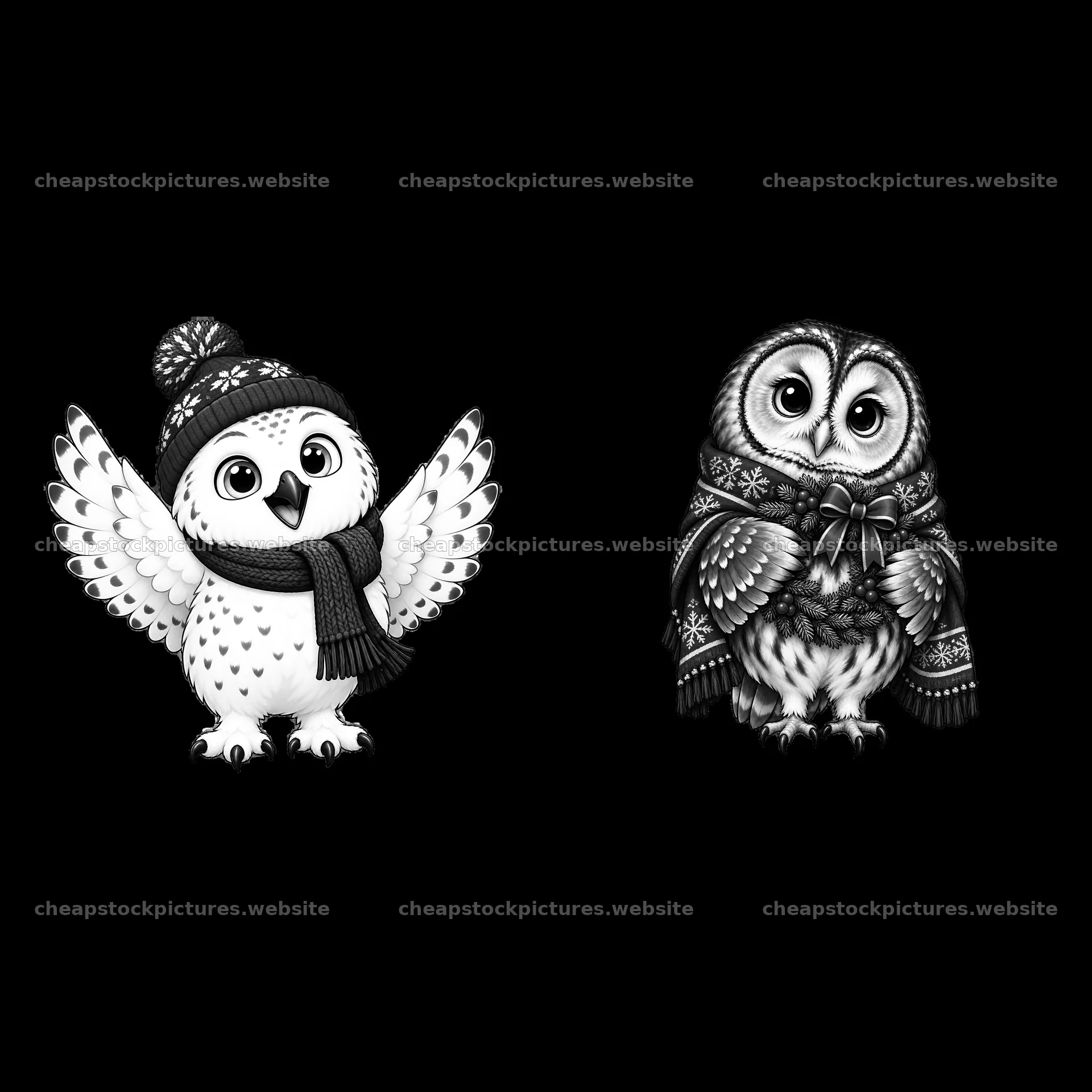 Christmas owls wearing winter hats and scarves – stock pictures 7746x7746
