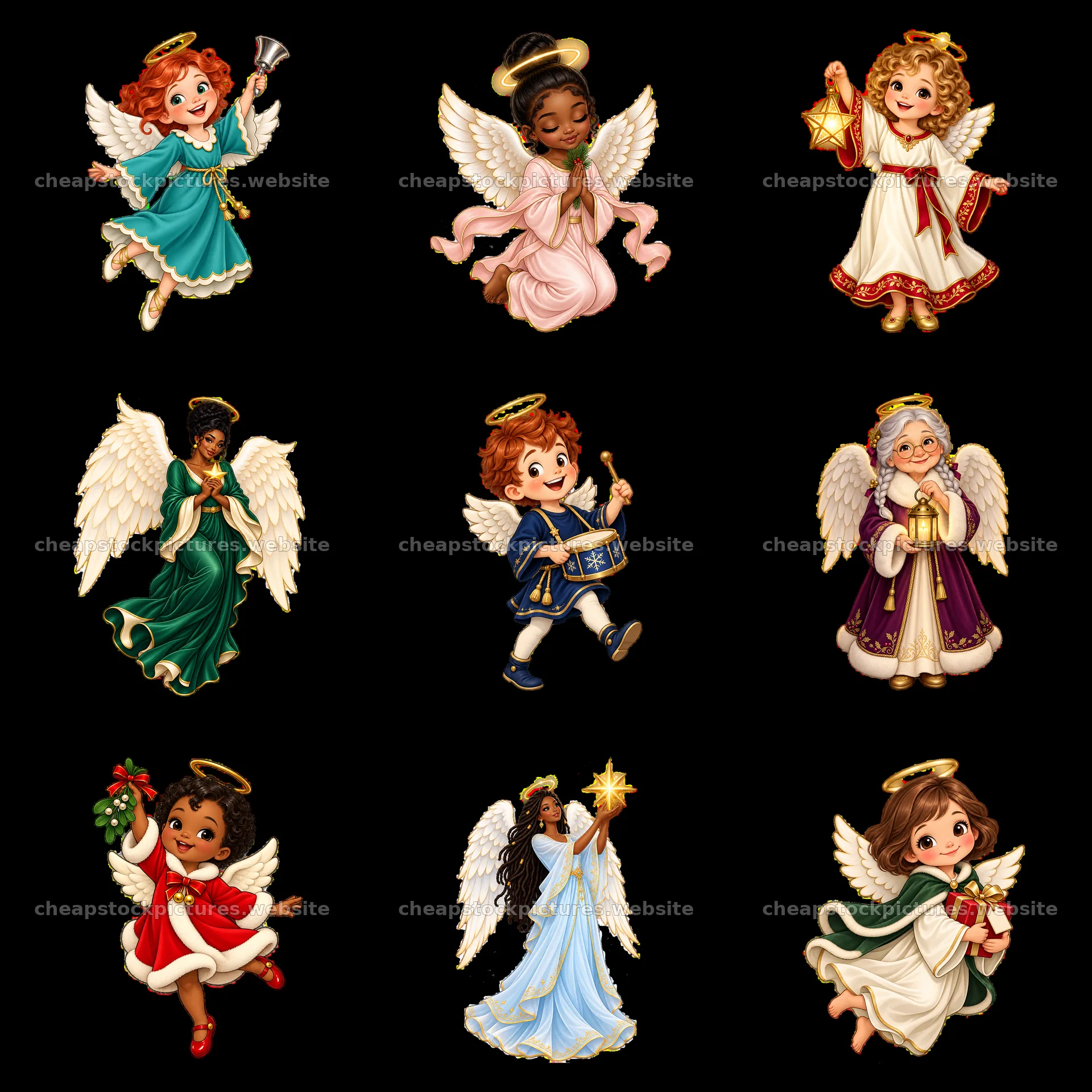 Colorful Christmas angel stickers in a 3x3 layout – stock pictures 7746x7746