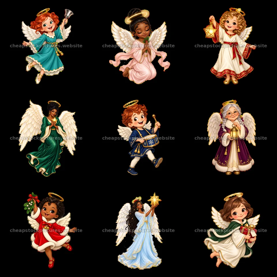 Colorful Christmas angel stickers in a 3x3 layout – stock pictures 7746x7746
