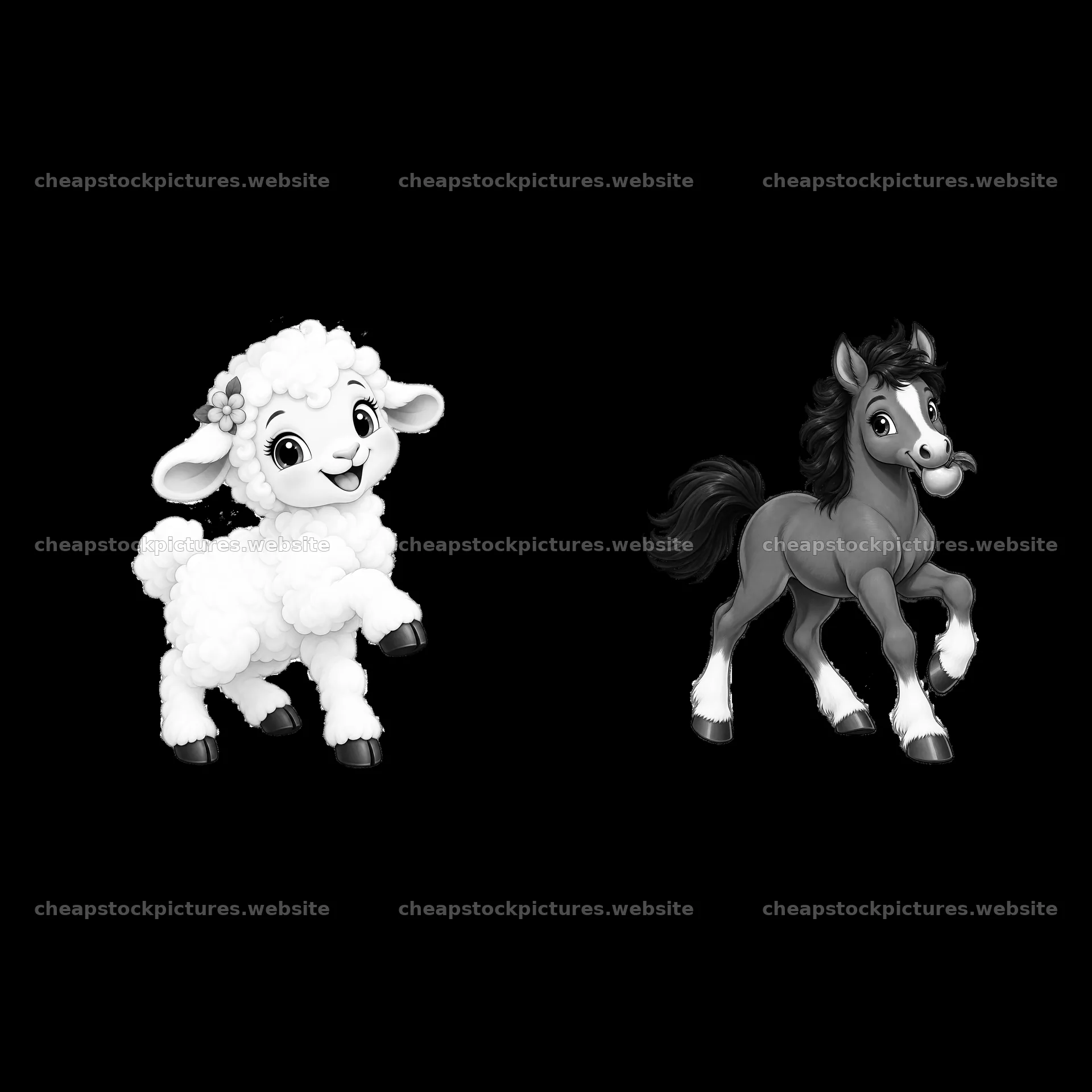 Cute sheep and playful horse cartoon stickers in black and white – stock pictures 7746x7746