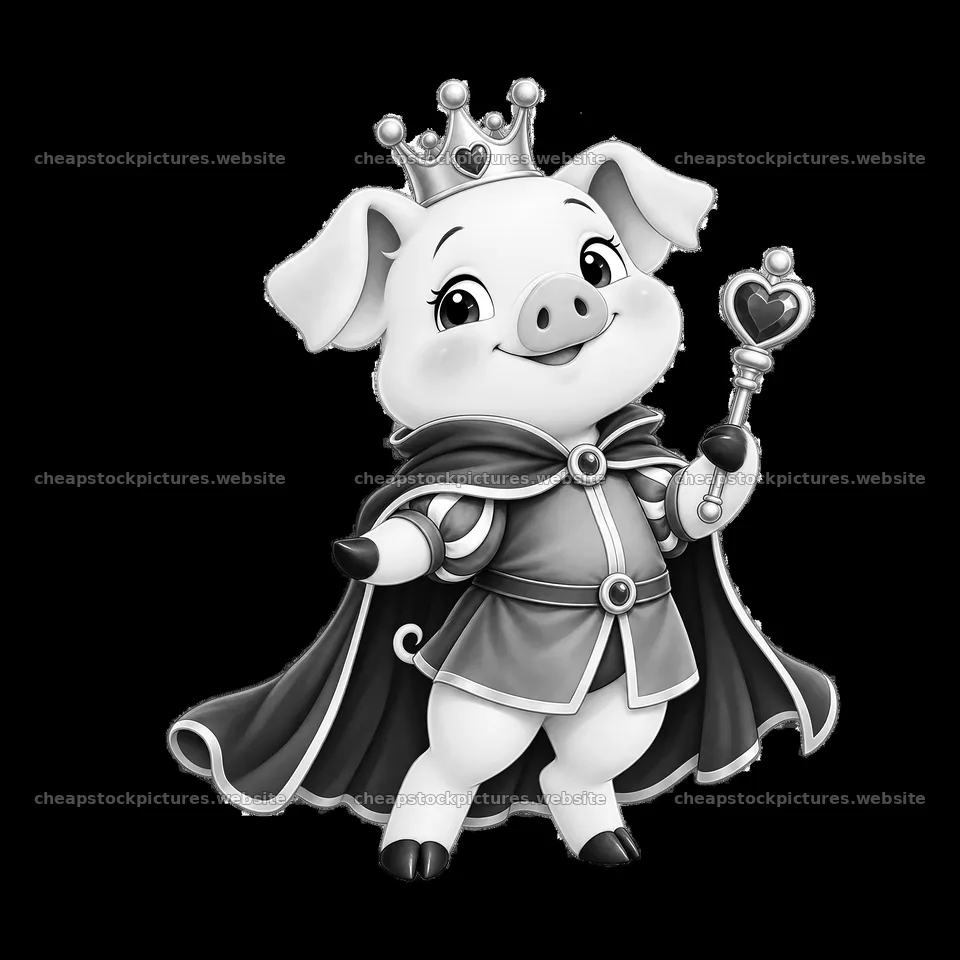 Pig wearing a crown and cape holding a heart-shaped scepter – stock pictures 7746x7746