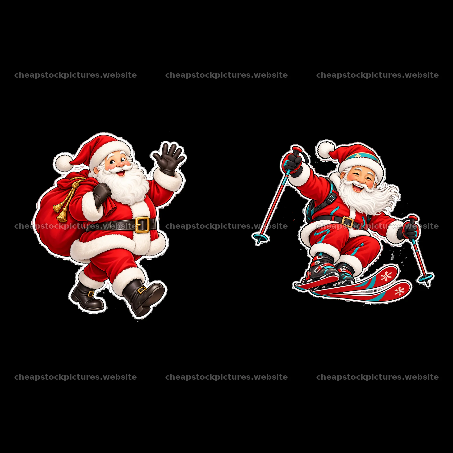 Santa Claus walking and skiing in red outfit with accessories – stock pictures 7746x7746