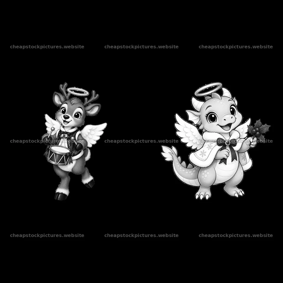 Christmas angel deer and dragon characters playing instruments – stock pictures 7746x7746