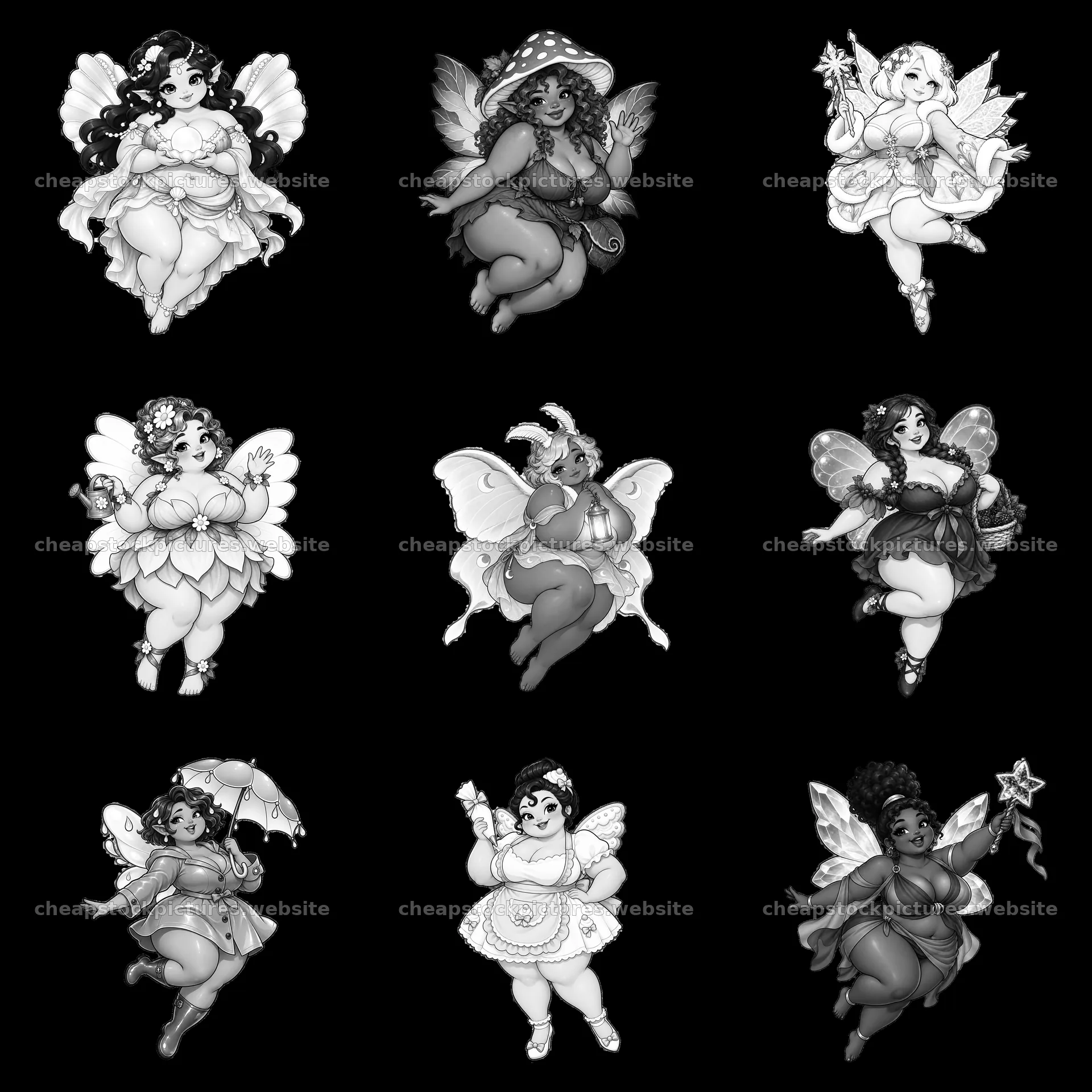 Kawaii ultra-fat fairy cartoon stickers in black and white layout – stock pictures 7746x7746