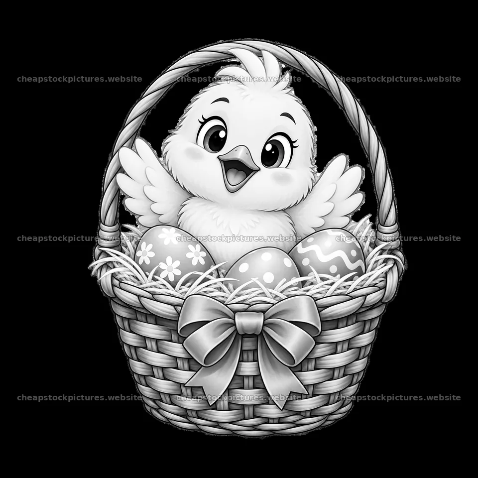 Cartoon chick in Easter basket with decorated eggs – stock pictures 7746x7746