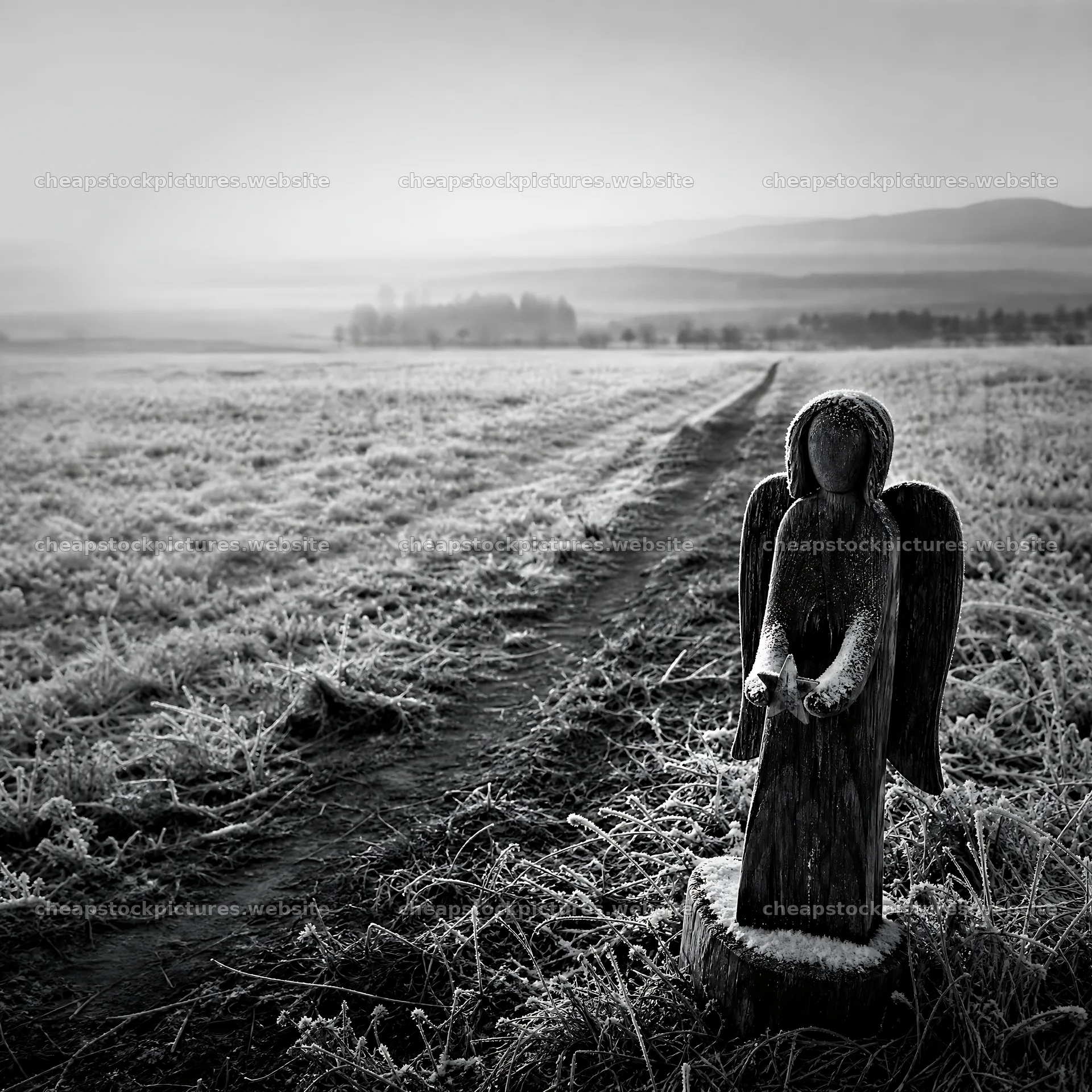 Wooden angel stands in a meadow with frost-covered grass – stock pictures 7938x7938