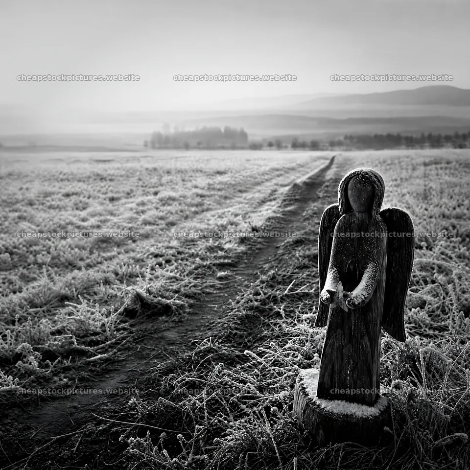 Wooden angel stands in a meadow with frost-covered grass – stock pictures 7938x7938