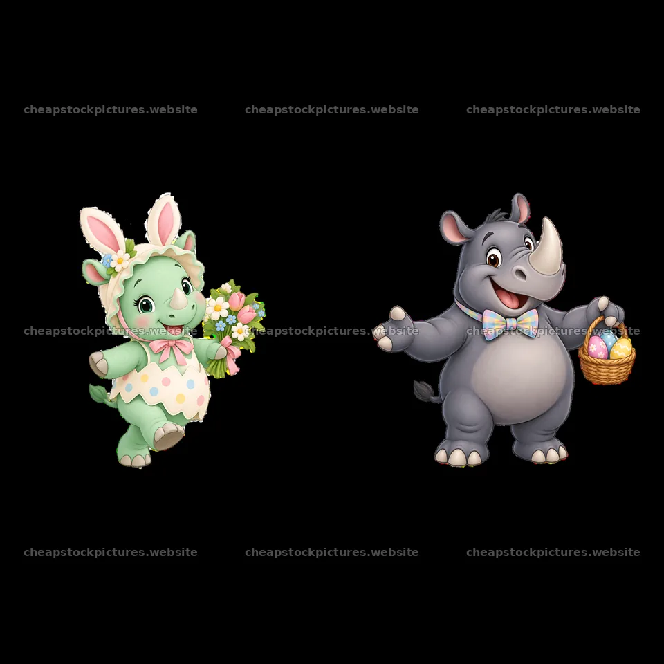 Easter themed rhinoceros and bunny character stickers together – stock pictures 7746x7746