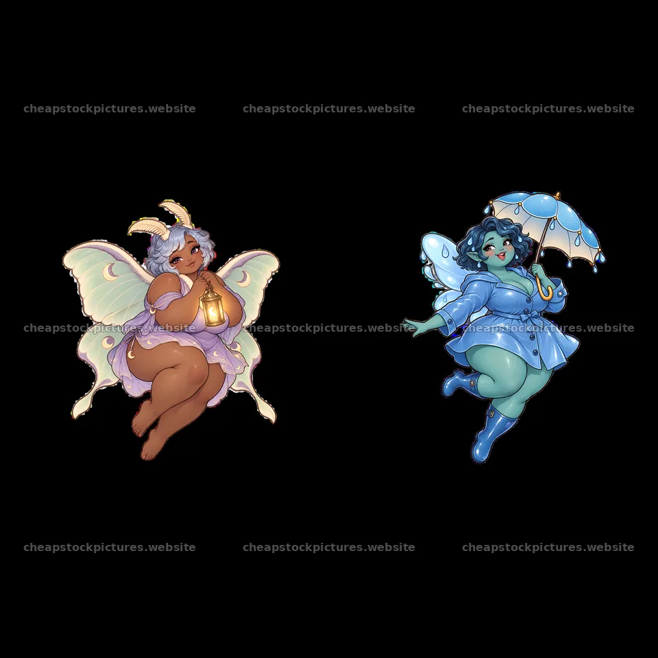 Kawaii ultra-fat fairies with lantern and umbrella in pastel colors – stock pictures 7746x7746