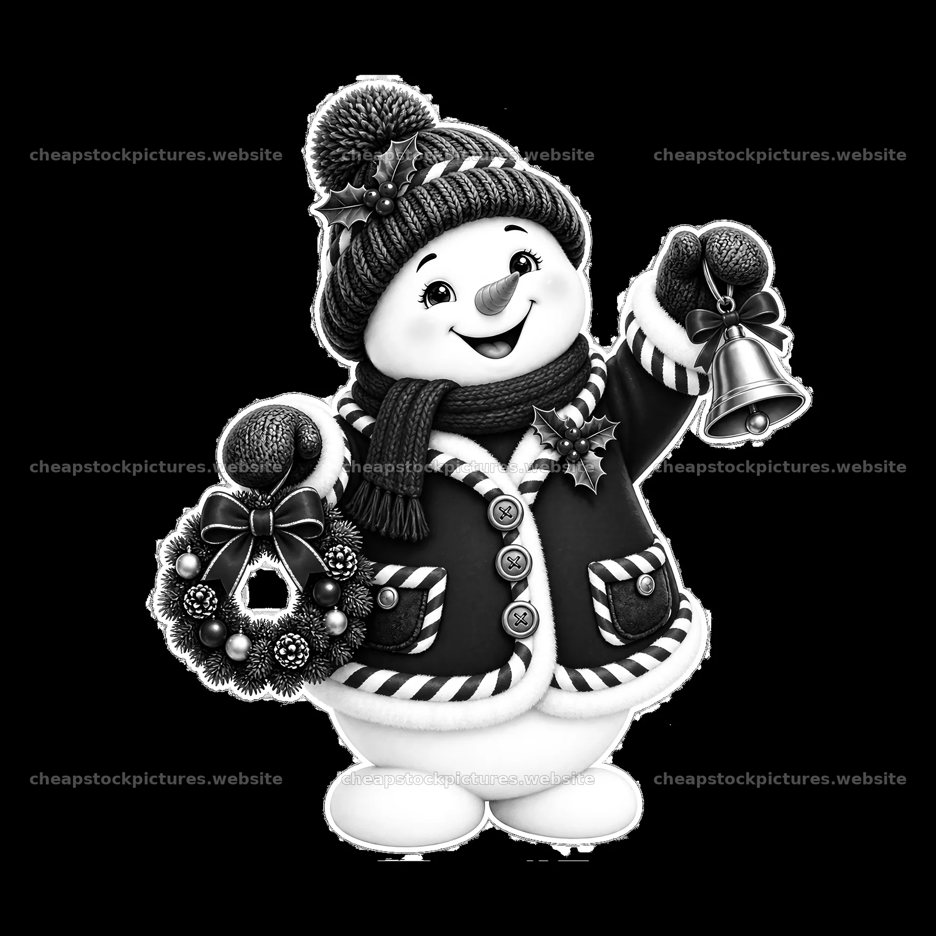Snowman holding bell and wreath, celebrating Christmas joy – stock pictures 7746x7746